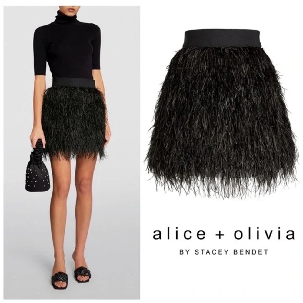 Alice + Olivia Cina Ostrich Feather Skirt, black, size 4